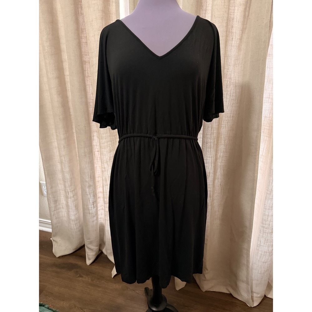 J‎ Crew Black V Neck Short Sleeve Drawstring Waist Midi Dress Women Size L